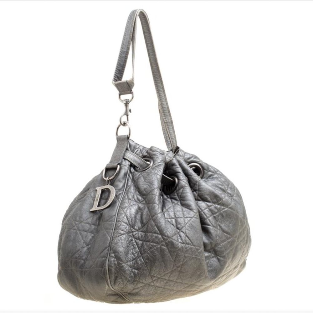 CHRISTIAN DIOR Silver Cannage Quilted Leather Drawstring Tote Bag